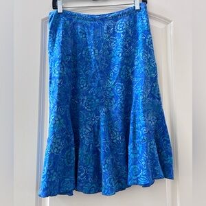 Nomadic Traders A Line Batik Floral Tropical Midi Skirt. Flounce bottom. Elastic